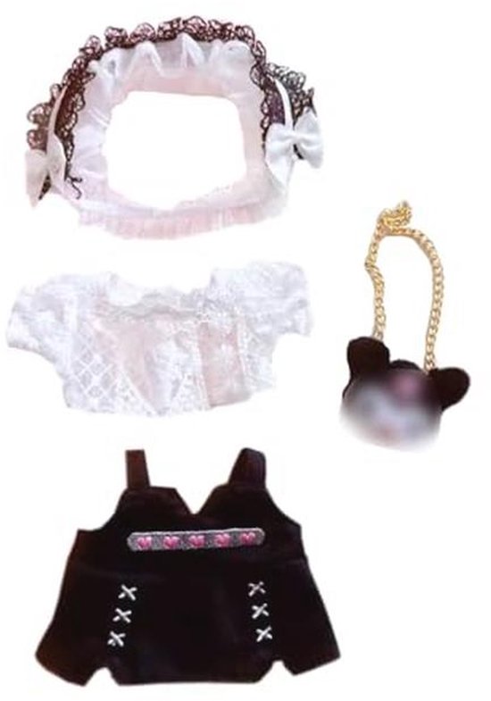 Pluche Pop Kleding Set met Hoofddeksels, Wit Shirt, Zwarte Rok en Rugzak voor 20 cm Pluche Pop van Merkloos