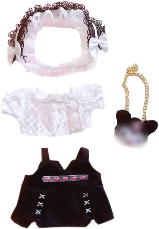 Pluche Pop Kleding Set met Hoofddeksels, Wit Shirt, Zwarte Rok en Rugzak voor 20 cm Pluche Pop van Merkloos