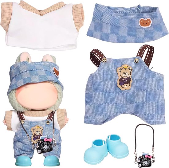Pluche Poppenkleding Set Blauw met Hoed en Accessoires voor 17 cm Poppen van Merkloos