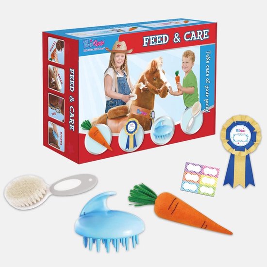PonyCycle Unicorn Horse Toy Nutrition & Care Set, 5 Piece Assortment. Care Brush, Pet Brush, Carrot, Stickers, Name Plate, Girl Children Model U and Model