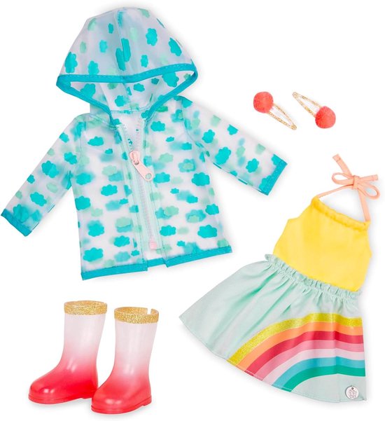 Poppen Regen Outfit - Regenkleding Set - Poppen Aankleden - Regenboog Print - 356 cm poppen - Multicolor