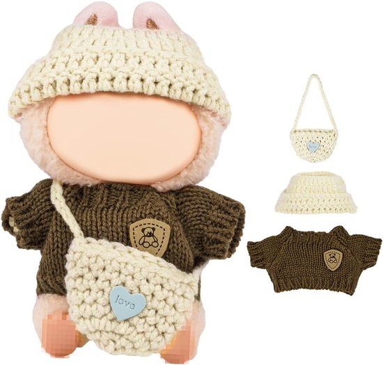 Poppenbruin gebreide driedelige set - Poppentrui en overallset + baret + kleine tas (pop niet inbegrepen) - Geschikt voor 17 cm Labubu - Pluche speelgoedaccessoires - DIY poppenkleding van CuddlyBunnyCo.
