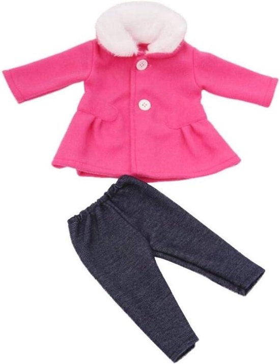 Poppenjurk outfit - Winterkleding set - Poppen aankleden - Met pluche kraag - 45 cm pop - Roze