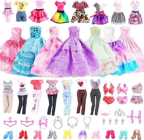 Poppenkleding en accessoires set - 32 stuks inclusief modejurken, top en broek, feestjurken, bikini's, tas, schoenen en sieradenaccessoires - voor 30cm pop