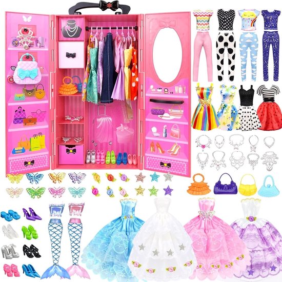 Poppenkleding en accessoires set met kast voor 11,5 inch poppen - Modeontwerpen voor meisjes van Merkloos