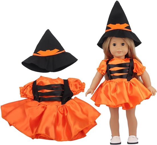 Poppenkleding Heks Jurk - Pop Kostuum - Halloween Aankleden - Met Hoed - 18 inch pop - Zwart