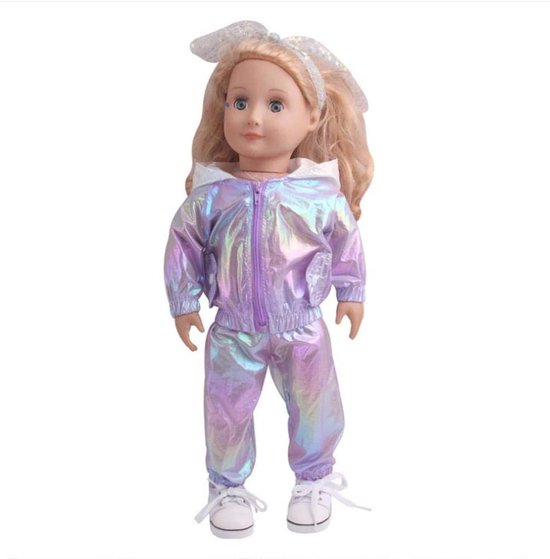 Poppenkleding Jurk Outfit - Poppenkleding Set - Poppen Aankleden - Inclusief Jas Broek - 18 inch - Paars