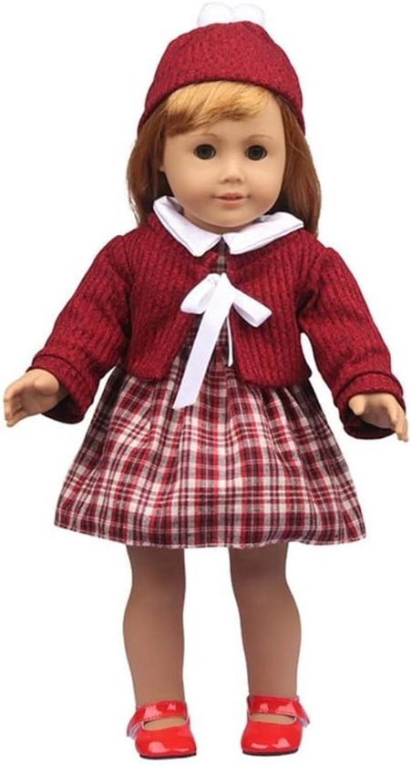 Poppenkleding Jurk Outfit - Winter Set - Poppen Aankleden - Kerst Thema - 18 Inch Pop - Rood