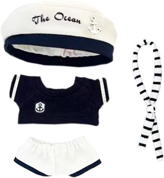 Poppenkleding Set 10 cm - Sjaal, Hoed, T-Shirt en Broek - Matrozenpak voor Knuffeldieren van Merkloos