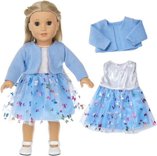 Poppenkleding Set - Jurk en Mantel - Poppen Aankleden - Met Vlinderprint - 43-46 cm Poppen - Blauw