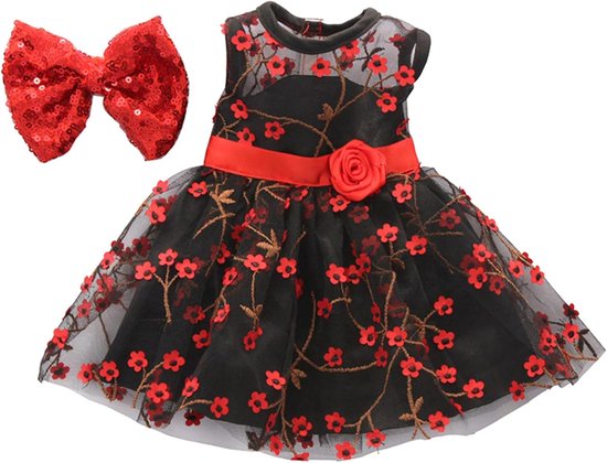 Poppenkleding Set - Meisjespop Kleding - Poppen Aankleden - Bloemenprint Haarband - 45 cm Poppen - Zwart