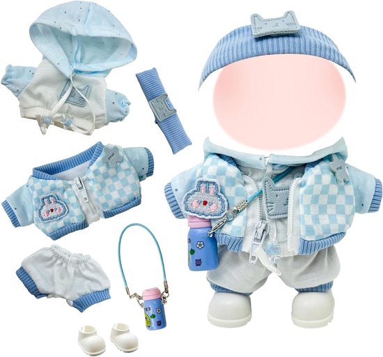 Poppenkleding Set - Outfit Accessoires - Poppen Aankleden - Compleet Inclusief Schoenen - 17 cm Poppen - Lichtblauw Geruit