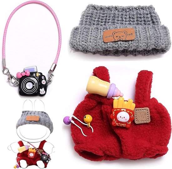 Poppenkleding Set - Poppenoutfit 3-delig - Poppen Aankleden - Met Hoedje Camera - 17cm Poppen - Rood