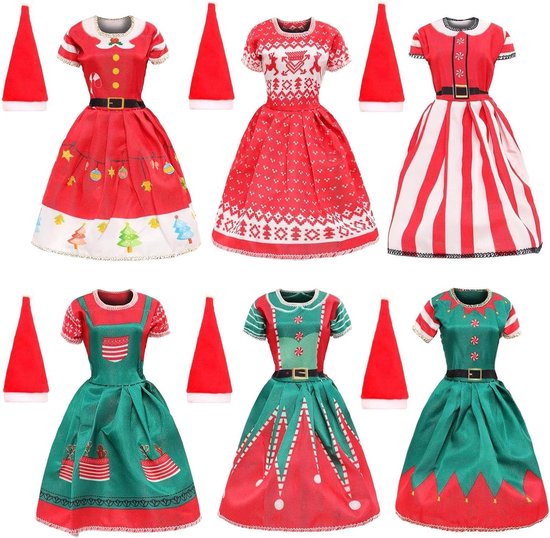 Poppenkleding voor Kerstmis, 6 stuks poppenjurk met mini-kerstmutsen, poppenkerstjurk, modieus poppenkostuum, poppenaccessoires voor 30 cm, advent, Kerstmis, baby, meisjes, cadeau