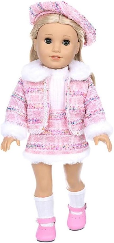 Poppenkleding Winter Outfit - Tweed Pak Baret - Poppen Aankleden - Vijf Delige Set - 18 inch Pop - Roze van Merkloos