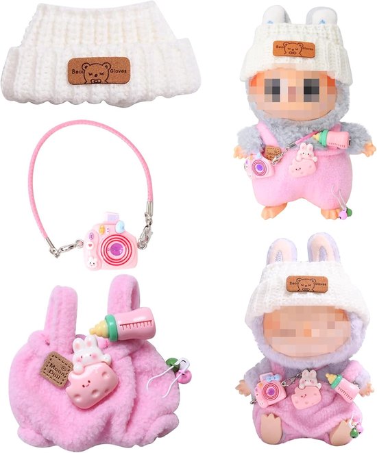 Poppenkledingset - Geschikt voor 17 cm Labubu - Roze fles overallset + Witte beer muts + Roze camera (alleen kleding, pop niet inbegrepen) - Pluche hoodie DIY accessoire - Kindercadeau van Fluffy House