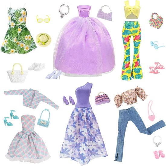 Poppenkledingset - Poppenjurken accessoires - Kinderen aankleden - 24 Delige Set - 30 cm - Meerkleurig