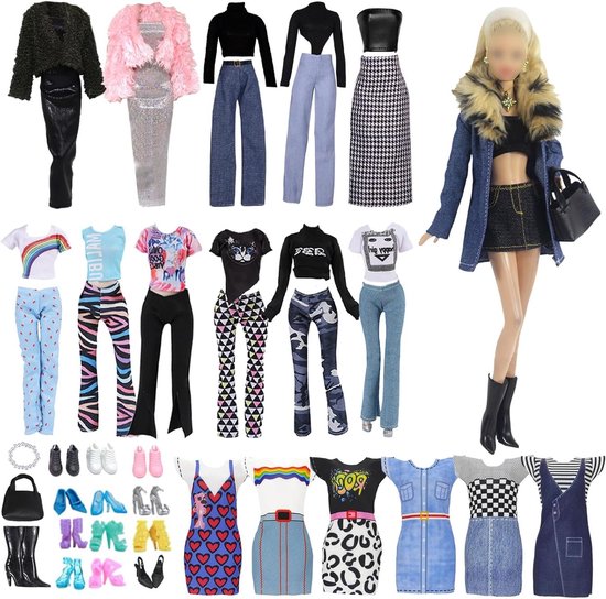 Poppenkledingset - Poppenjurken Accessoires - Poppen Aankleden - 18 Delige Set - 30 cm Poppen - Meerkleurig