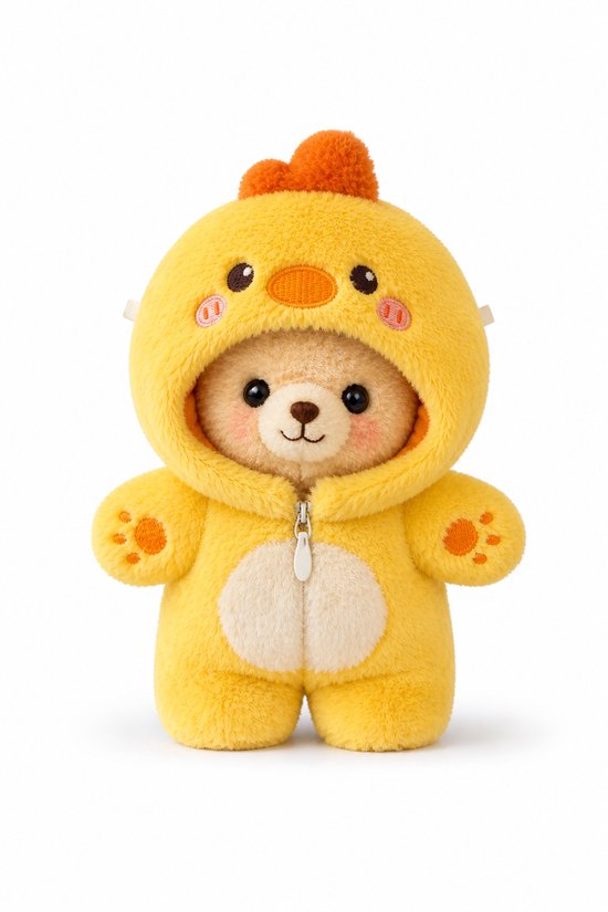 Poppenkleertjes voor 17cm pop of knuffel - Gele eend onesie - Kleding voor designer modepop - Pluchen outfit met rits - Cadeauzakje van Merkloos