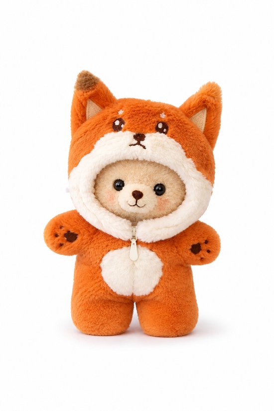 Poppenkleertjes voor 17cm pop of knuffel - Oranje vos onesie - Kleding voor designer modepop - Pluchen outfit met rits - Cadeauzakje van Merkloos