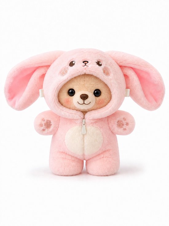 Poppenkleertjes voor 17cm pop of knuffel - Roze konijn onesie - Kleding voor designer modepop - Pluchen outfit met rits - Cadeauzakje van Merkloos