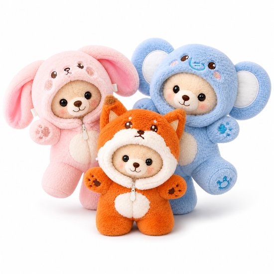 Poppenkleertjes voor 17cm pop of knuffel - Set van 3 onesies - Vos, Konijn & Olifant - Kleding voor designer modepop - Pluchen outfit met rits - Cadeauzakje van Merkloos