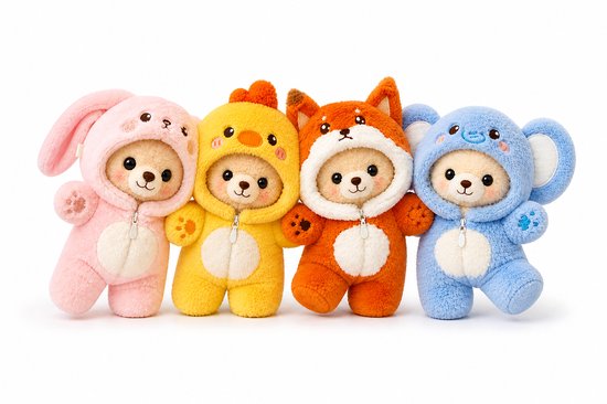 Poppenkleertjes voor 17cm pop of knuffel - Set van 4 onesies - Vos, Konijn, Eend & Olifant - Kleding voor designer modepop - Pluchen outfit met rits - Cadeauzakje van Merkloos