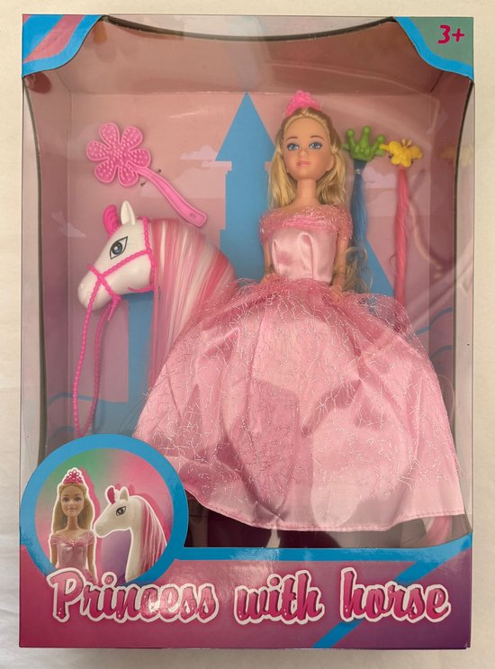 Prinsessenpop met Paard – Inclusief Haaraccessoires en Kam – 30 cm Pop & 25 cm Paard – Speelset voor Kinderen vanaf 3 Jaar van Playfun