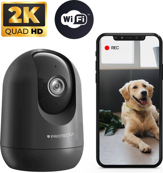 Protectly® Beveiligingscamera binnen - Huisdiercamera met app - Petcam - Hondencamera - Met WiFi APP - 2K 3MP Ultra HD - Volgt beweging en geluidsdetectie - Indoor Camera - Zwart van Protectly