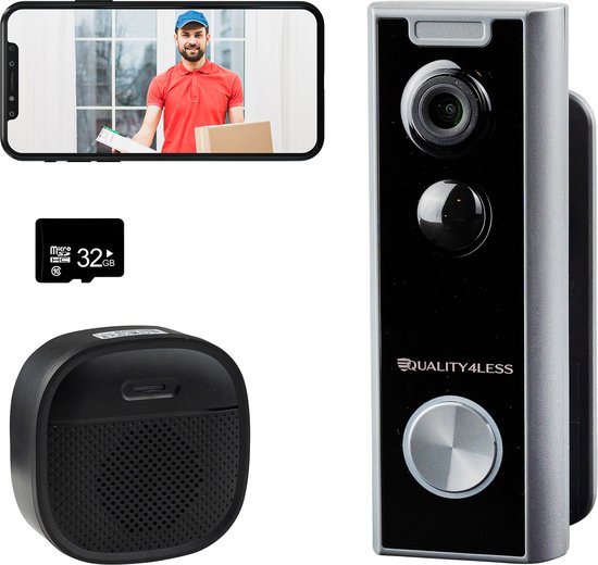 Quality4Less™ - Slimme Draadloze Video Deurbel met camera - Inclusief draadloze gong en 32GB SD-Kaart - 1080P Full HD - Wifi deurbel - Geen betaald abonnement nodig van Quality4Less™