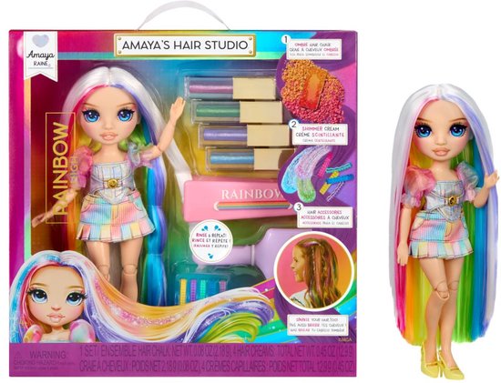 Rainbow High Amaya's Haarstudio - Creëer glanzende, glinsterende kapsels met een exclusieve pop met extralang haar, uitwasbare haarkleur en poppenkleding en -accessoires - Superleuke speelset voor kids van 4+