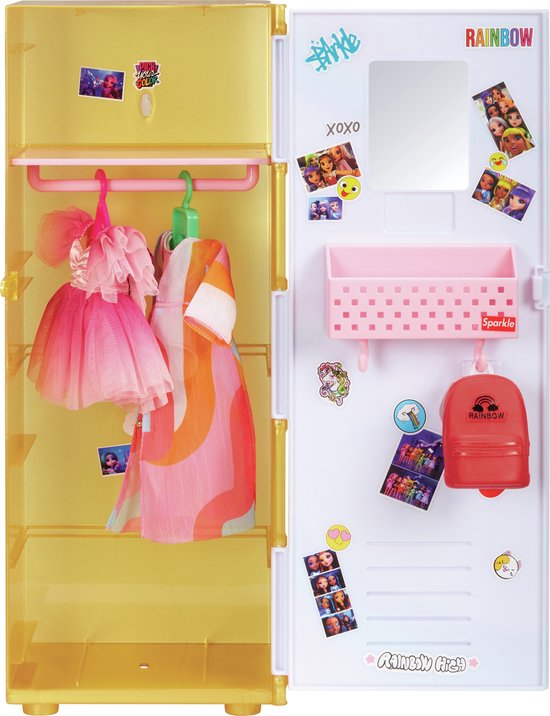 Rainbow High Pinkly Paige-modepop (roze) en kluisje om te ontwerpen en stylen met schappen, kledinghangers, accessoires en stickers, speelgoedcadeau voor kinderen van 4-12+ van Merkloos