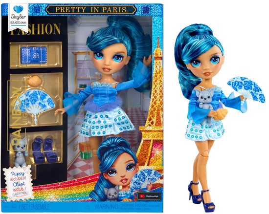 Rainbow High Pretty in Paris-modepop Skyler Bradshaw (blauw) van 28 cm met statementoutfit, stijlvolle handtas, speelgoed of cadeau voor meisjes, kinderen van 4-12 jaar