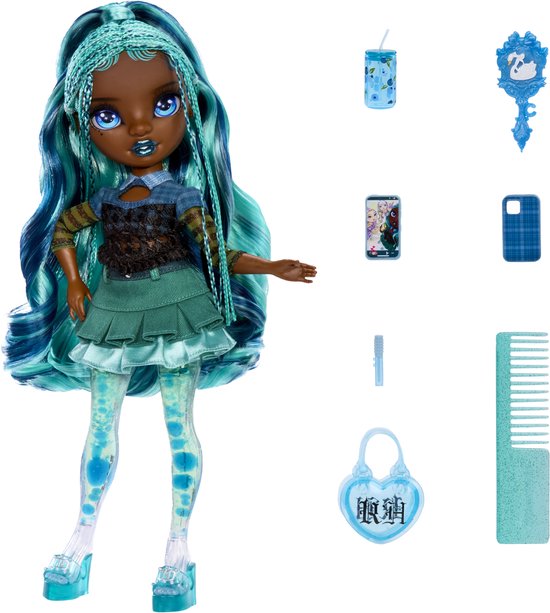 Rainbow High Sparkle and Shine-pop Misty met magische luchtbellen in haar benen, blauwgroen haar, modepop van 28 cm