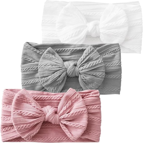 Ronte - 3-delige baby-tulband-hoofdbanden voor meisjes pasgeboren peuters - zacht en elastisch - grijs/wit/roze