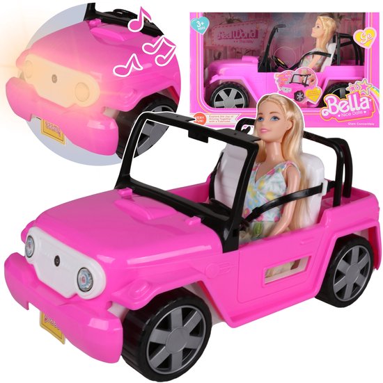 Roze auto voor poppen, grote cabriolet + pop voor meisjes, licht, geluid