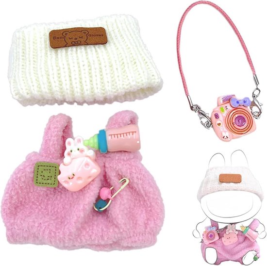 Roze Kleding Set voor 17cm Pop | 3 Delig Outfit met Hoed & Accessoires | Past op Knuffelpoppen van Merkloos