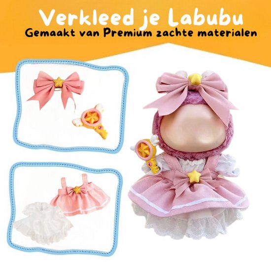 Roze Prinses Jurk Kleding – Met Fairy Stok en Strikje – Magische Cute Outfit Accessoire Geschikt voor Labubu (Pop Niet Inbegrepen) van Merkloos
