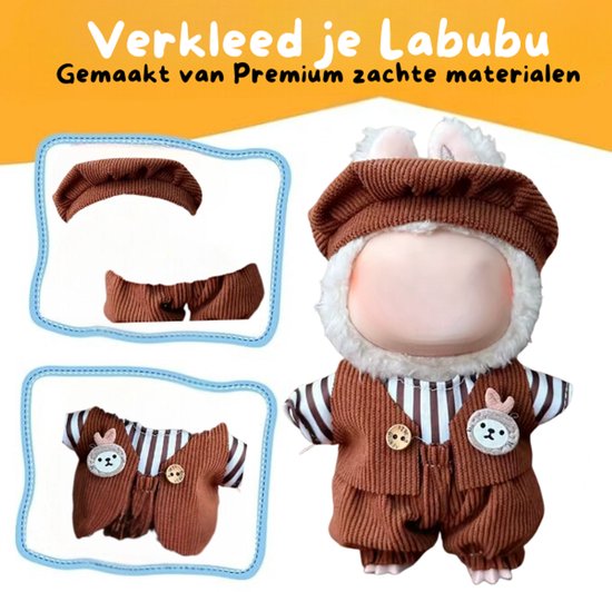 Schattig Bruin Pakje Kleding geschikt voor Labubu - Met Speldje, Wit/Zwart Streepjes Shirt & Hoedje - Denim Bruin Look - Cute Outfit Accessoire (Pop Niet Inbegrepen) van Merkloos