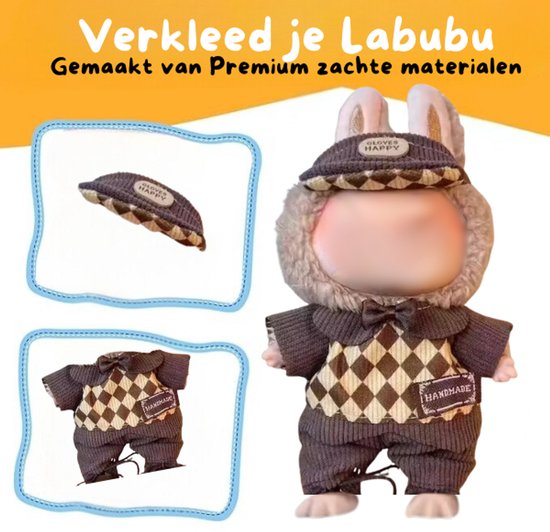 Schattig Geruit Wit/Bruin Truitje Kleding – Met Bruin Petje met Logootje en Bruin Broekje – Cute Outfit Accessoire Geschikt voor Labubu (Pop Niet Inbegrepen) van Merkloos