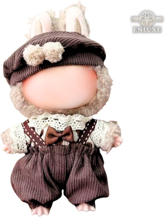 Schattig Ouderwets Bruin Denim Broekje Kleding - Met Bruin Strikje, Wit Kanten Shirtje en Bruin Mutsje met Fluffy Balletjes - Cute Vintage Outfit Accessoire Geschikt voor Labubu (Pop Niet Inbegrepen) van Merkloos