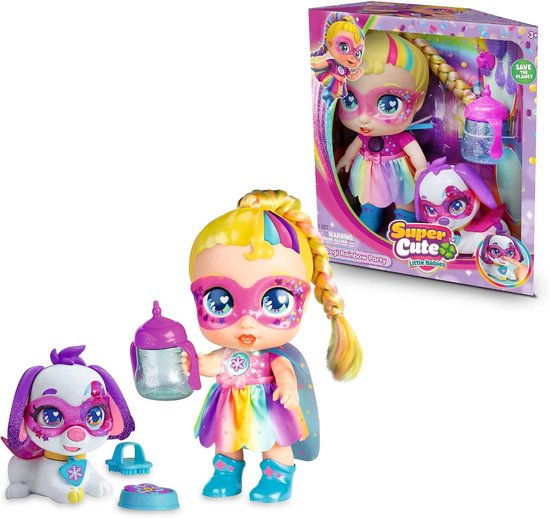 Schattige Baby Pop met Accessoires: Rainbow Superheldin met Haar dat van Kleur Verandert en Huisdier