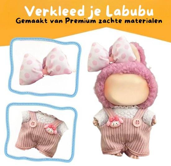 Schattige Zachte Denim Roze Kleding – Met Speltje en Strikje – Cute Outfit Accessoire Geschikt voor Labubu (Pop Niet Inbegrepen) van Merkloos