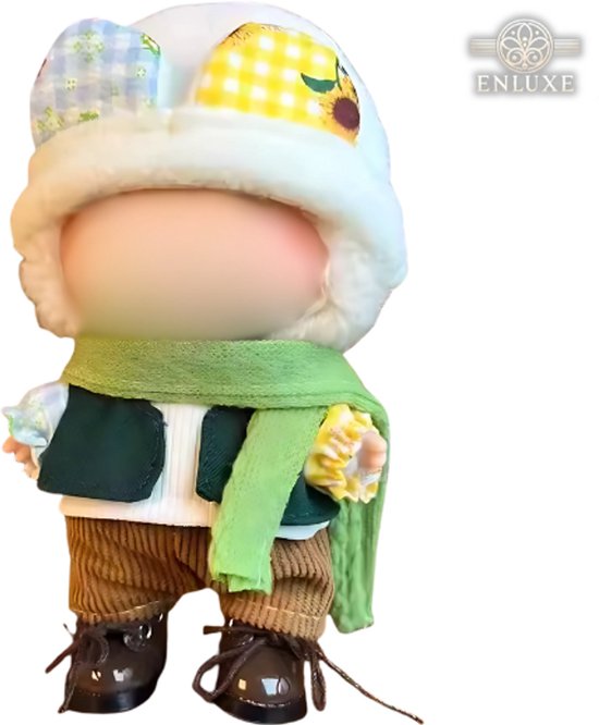 Schoentjes Kleding Set - Bruin Broekje, Groene Sjaal, Wit Mutsje, Blauw Vestje en Wit Shirtje - Casual Cute Outfit Accessoire Geschikt voor Labubu (Pop Niet Inbegrepen)
