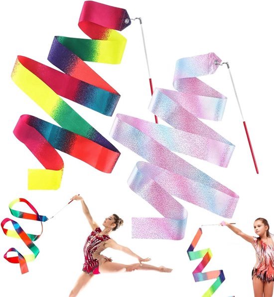 Set van 2 dans- en gymnastiekbands voor kinderen in regenboog en roze - Gymnastiekmateriaal voor artistieke danstraining