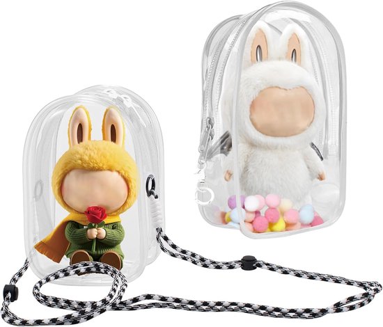 Set van 2 - geschikt voor Labubu - Labubu Sit-and-Sit Party PVC beschermhoes - Stofzak van 15 cm - Transparante opbergzak met trekkoord - Ophangbare display opbergzak van Merkloos