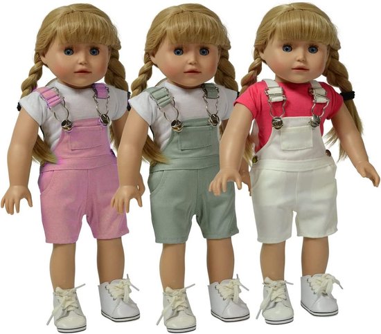 Set van 3 twill overalls voor 18 inch poppen - roze, grijs en wit van Merkloos