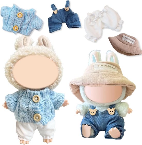 Set van 4 Pluche Kledingstukken voor Poppen van 17 cm - Trui, Broek, Muts en Tuinbroek van Merkloos