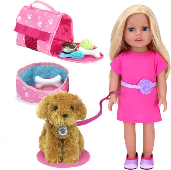 Sophia's by Teamson Kids 45.7 cm Pop met Speelgoed-Pup en Vervoerder - Pop met Accesoires - Roze - "Chloe" van Teamson Kids