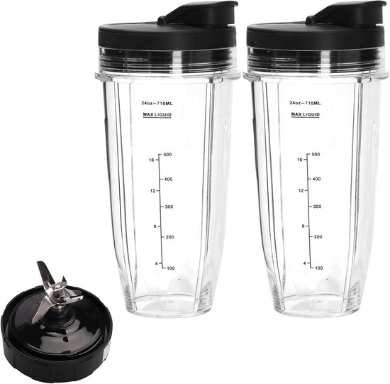 Spare Parts - 2 Stuks - Non-Leakage Mixing Cups - Vervangende Blade en Lid - 7 Fin Extractor Blades - Compatibel met Ninja Bl2012/Bl487a/Bl492/Bl640/Nn100a/Nn101/Nn102 van Anbige.
